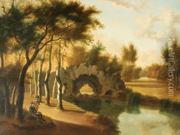 A Wooded River Landscape Withtwo Gentlemen Resting Oil Painting - Constance M. Blondel Charpentier