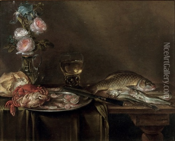 Roses And An Iris In A Glass Vase, Crabs And Prawns On A Pewter Platter, A Bread Roll, A Roemer And Fish, All On A Partly Draped Table Oil Painting - Alexander Adriaenssen the Elder