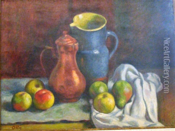 Pichets Et Pommes Sur Un Entablement Oil Painting - Manuel Ortiz De Zarate