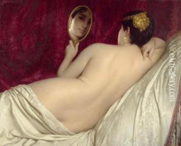 Female Nude With Mirror. Oil Painting - Louis-Emile Pinel De Grandchamp