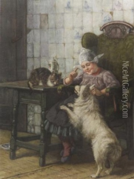 Genreszene. Hollandermadchen Mit Hund Und Katze In Der Stube Oil Painting - Karl Emil Muecke