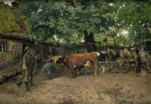 Ochsengespann Auf Einem Norddeutschen Bauernhof Oil Painting - Julius Jacob the Younger