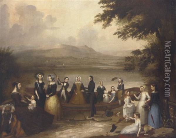 Group Portrait Of A Family (reilly Family Of Scarvagh?) Stepping Ashore From A Boat On A Lough, With Mountains Beyond Oil Painting - Joseph Patrick Haverty