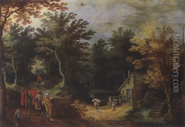 Bewaldete Landschaft Mit Wassermuhle Und Wanderern Oil Painting - Jan Brueghel the Elder