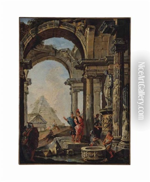 Alexander Visiting The Tomb Of Achilles Oil Painting - Giovanni Paolo Panini