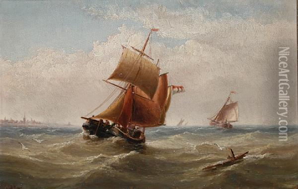 Shipping On A Breezy Day Off The Coast; Shipson A Calm Day In The Estuary Oil Painting - Edward King Redmore
