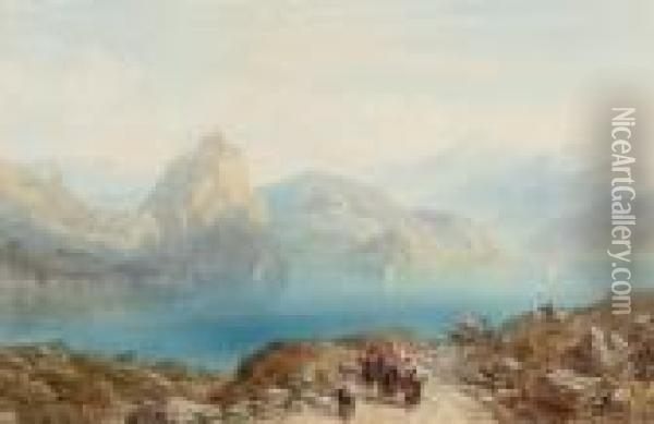 Figures Beside An Italian Lake Oil Painting - Charles Vacher