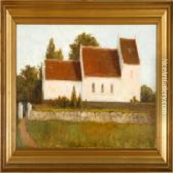 Calm Summer Day At A Danish Village Church Oil Painting - Peder Vilhelm Ilsted
