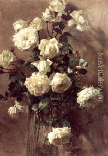 White Roses In A Glass Vase Oil Painting - Franz Arthur Bischoff