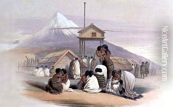 The ceremony of Ongi, or Pressing Noses: Natives greeting each other, with Mount Egmont in the distance from the 'New Zealand Illustrated' Oil Painting - George French Angas