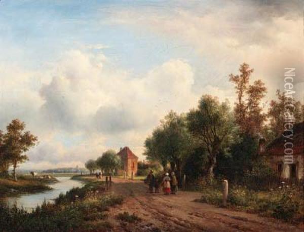 Peasants Conversing On A Sandy Trail Along A Waterway, A Town Inthe Distance Oil Painting - Lodewijk Johannes Kleijn