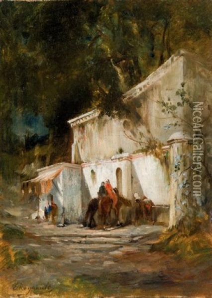 La Halte A La Fontaine Oil Painting - Emile Regnault de Maulmain