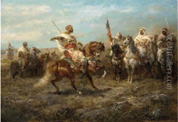 Arabian Chief With Warriors On Horseback Oil Painting - Adolf Schreyer