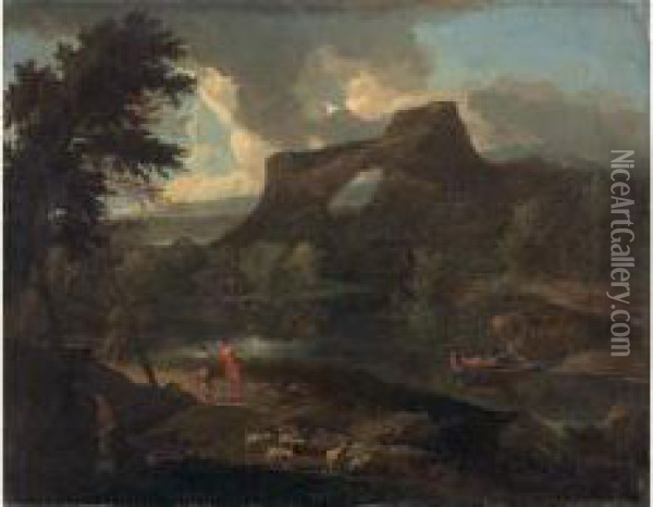 Paysage De Riviere Avec Un Arc Naturel Oil Painting - Johannes (Polidoro) Glauber