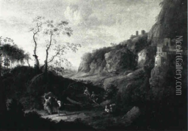 Classical Landscape With Figures Near A Fortress Oil Painting - John Butts