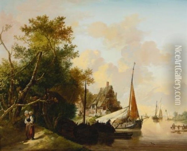 Peasants Unloading Cargo And Mother And Child By A River (pair) Oil Painting - Jan van Os