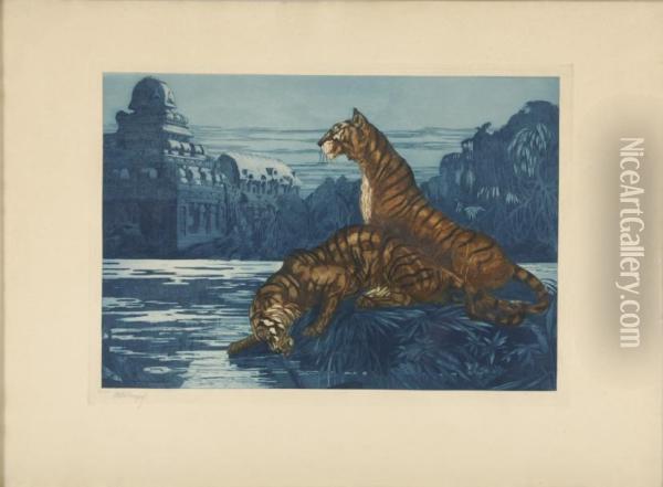 Tigre Pres Du Temple Oil Painting - Maurice Guilbert