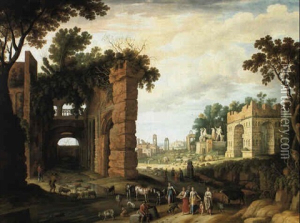 Capriccio Of The Roman Forum With Drovers And Watercarriers On A Path Oil Painting - Willem van Nieulandt the Younger