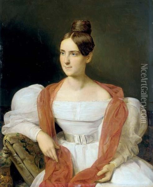 Junge Frau In Weissem Kleid Und 
Rotem Schall (portrait Of A Young Lady In A White Dress And Red Shawl) Oil Painting - Ferdinand Georg Waldmuller