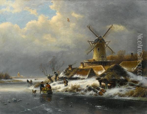 A Winter Landscape With Several Figures On Afrozen Waterway Oil Painting - Lodewijk Johannes Kleijn