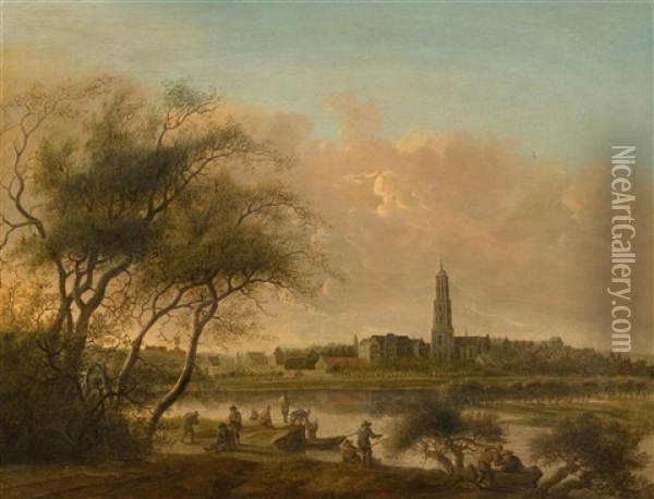 Angler At The Nederrijn With The Town Of Rhenen In The Background Oil Painting - Anthony Jansz van der Croos