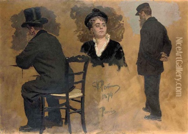A Parisian Cafe : Arthur Meyer And A Female Head (study) Oil Painting - Ilya Repin