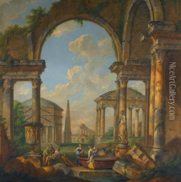 An Architecutral Capriccio With Figures At A Fountain, The Pantheon Beyond Oil Painting - Giovanni Paolo Panini