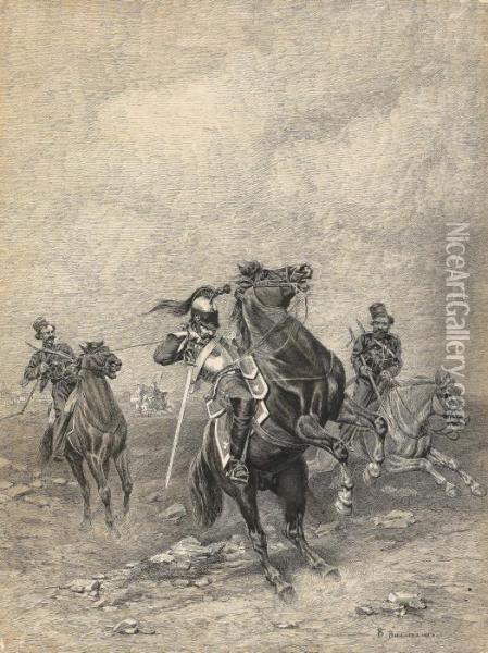 Two Cossacks Capturing A French Cavalryman Oil Painting - Bogdan Pavlovich Villevalde