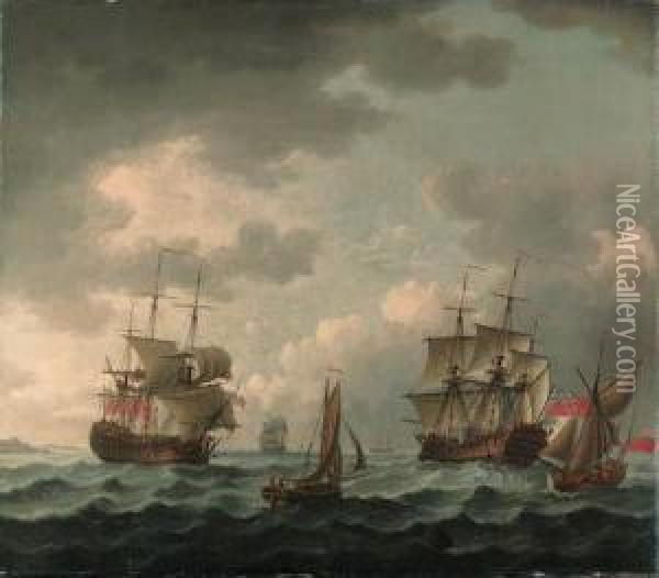 A British Man-o'-war In Two Positions, With Other Vessels Off Acoast Oil Painting - John the Younger Cleveley