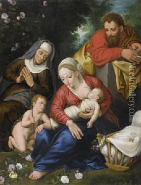The Holy Family With St. Elizabeth And St. John Thebaptist Oil Painting - Marten Pepijn