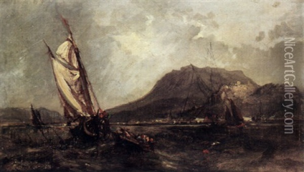 A Coastal Scene With Shipping Offshore And A Mountain Beyond Oil Painting - Louis-Gabriel-Eugene Isabey