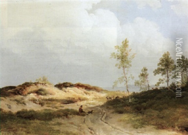A Shepherd And His Flock In A Dune Landscape Oil Painting - Willem Bodemann