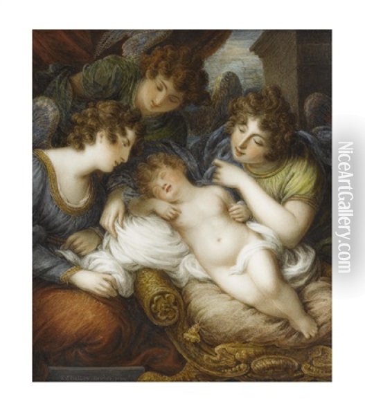 A Portrait Miniature Of A Sleeping Child, Outstretched On A Carved And Gilded X-frame Chair, Surrounded By Unravelled White Shroud And Three Angels Oil Painting - Samuel Shelley