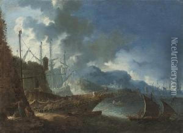 A Rocky Coastal Landscape With A Port And Seamen Cooking Over An Open Fire Oil Painting - Bartolomeo Pedon