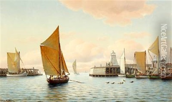 Scenery From Gilleleje Harbour With Sailing Boats And Ducks Oil Painting - Johan Jens Neumann