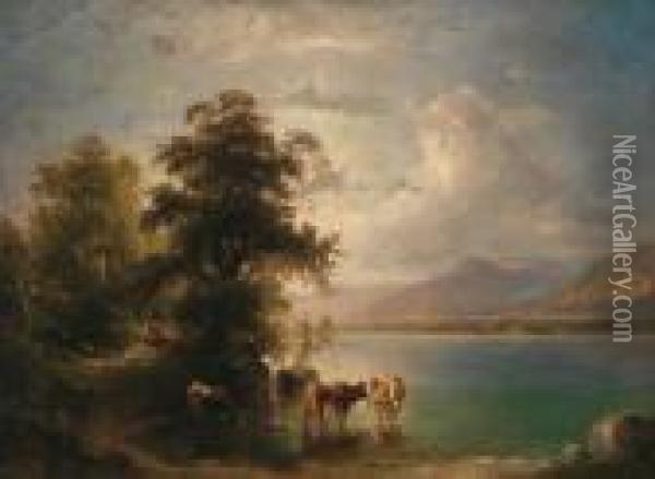 Herdsman With Cows On The Lake Shore Oil Painting - Carl I Schweninger