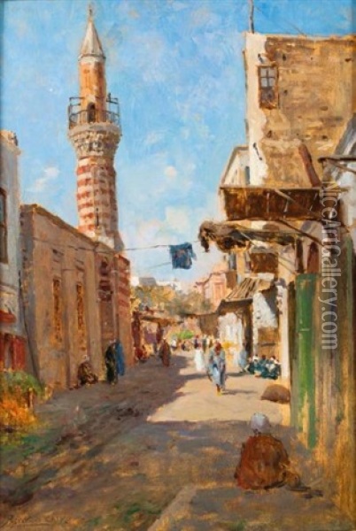Minaret Dans Une Rue Du Caire Oil Painting - Augusto Lovatti