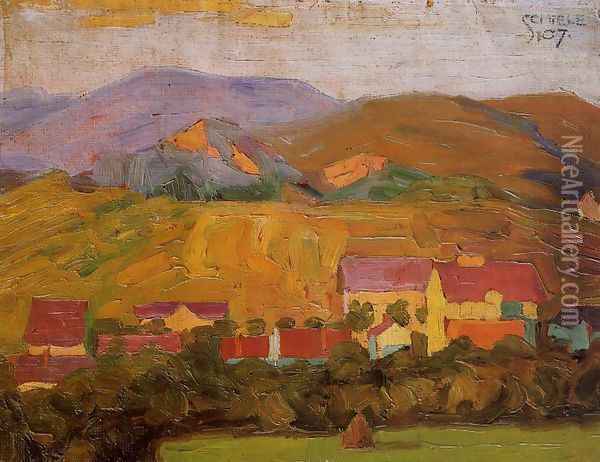 Village With Mountains Oil Painting - Egon Schiele
