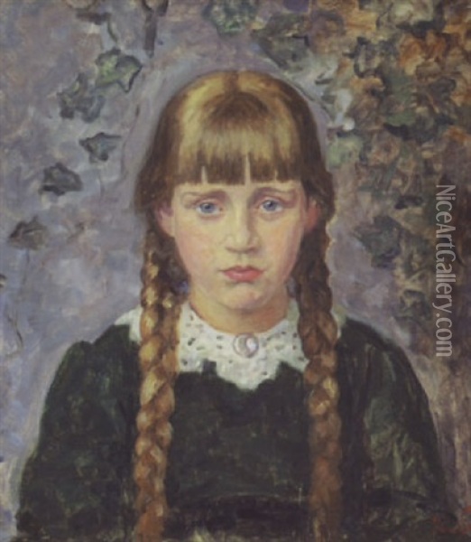 Portrait Of A Young Danish Girl With Braids Oil Painting - Sigurd Wandel
