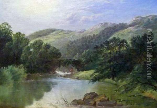 Welsh Mountain Landscape With Angler Oil Painting - Frederick William Hulme