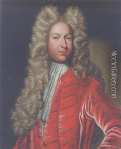 Portrait Of A Gentleman (edward Graham?) In A Red Coat And Waistcoat With A White Jabot Oil Painting - George Knapton