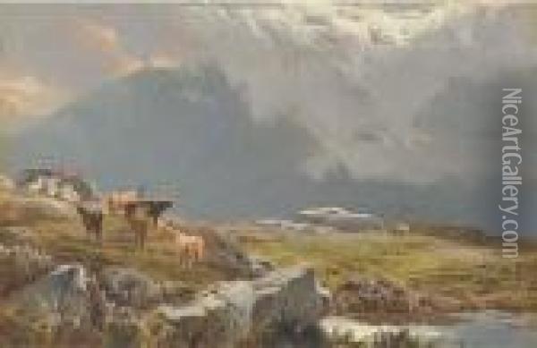 Highland Cattle In A Mountainous Landscape Oil Painting - Sidney Richard Percy