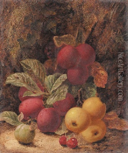 Still Life Of Apples, A Plum And Raspberries On A Mossy Bank Oil Painting - Oliver Clare