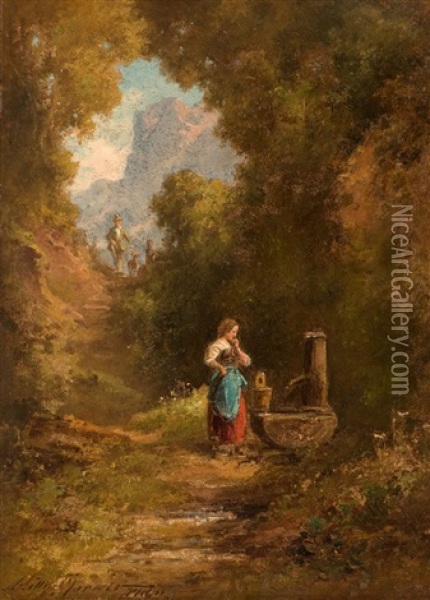 At The Fountain Oil Painting - Willy Moralt