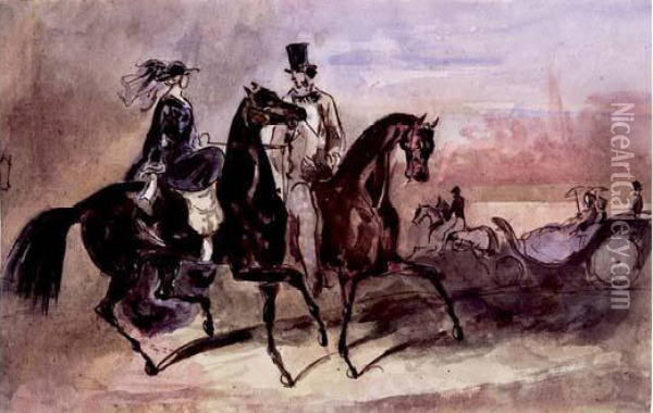 Cavalier Et Cavaliere, En Fond, Un Attelage Oil Painting - Constantin Guys