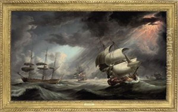 A Royal Naval Warship In Two Positions Within A Squadron Of The Red Caught In A Gale Oil Painting - Robert Dodd