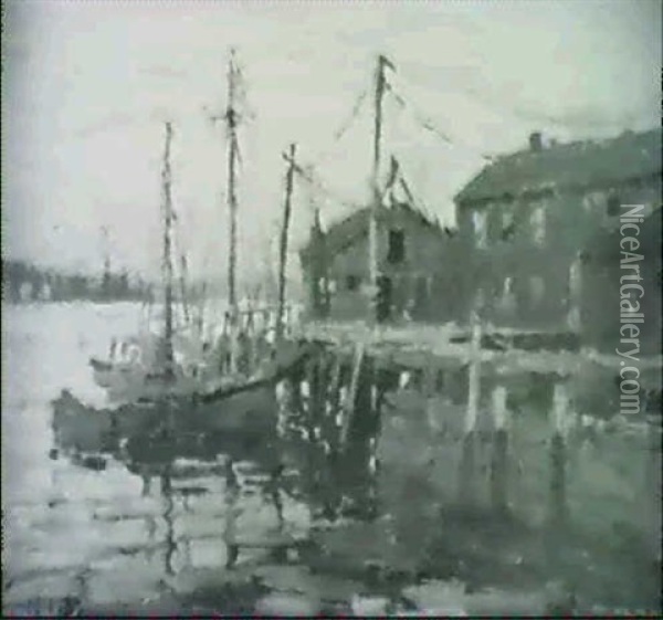 Evening, Wheeler's Wharf/a Gloucester Harbor View Oil Painting - Frederick J. Mulhaupt