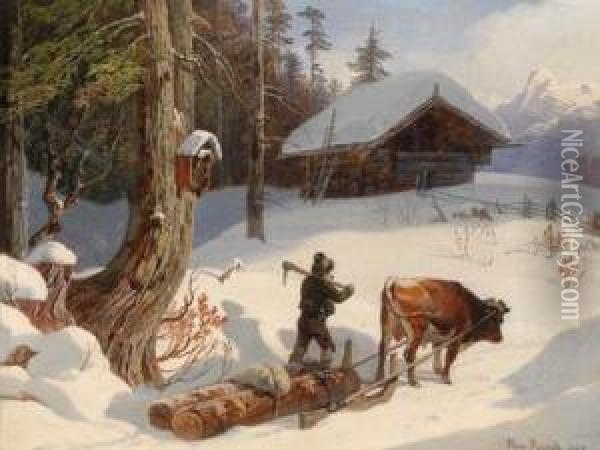 Holzabfuhr Im Winterlichen Gebirge Oil Painting - Franz Reinhold