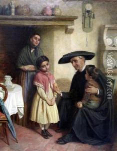 Interior With Priest And Children Oil Painting - John Bagnold Burgess