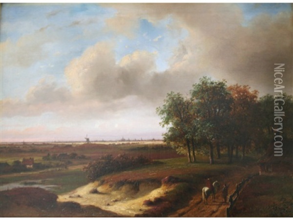 Figures On A Country Road, A Distant Town Beyond Oil Painting - Nicolaas Johannes Roosenboom